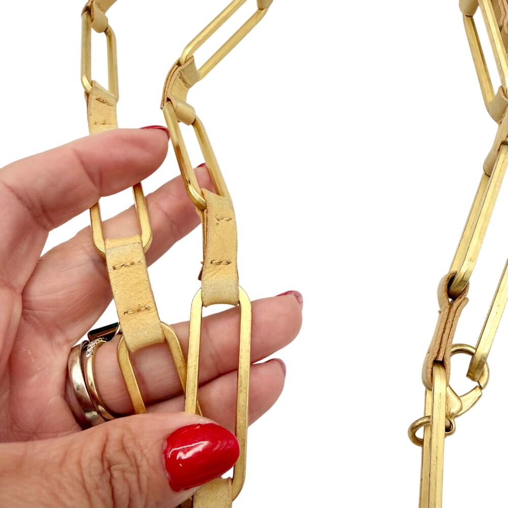 Vintage Brass Tone Adjustable Link Belt with Leather Wraps Minimalist Boho Chain